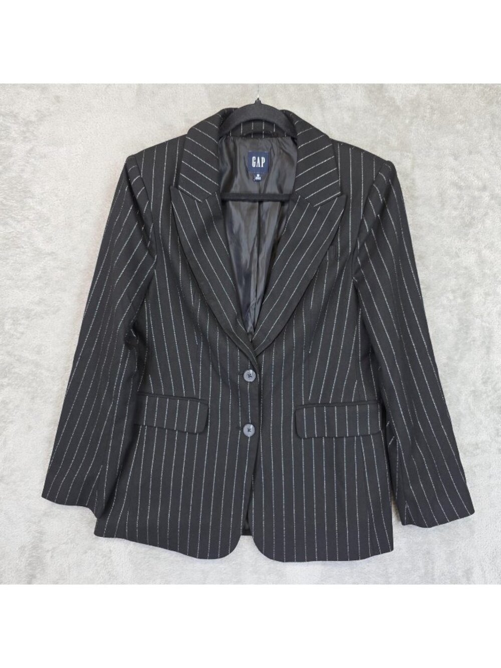 Gap Blazer Womens Medium Black Metallic Pinstripe Two Button Jacket Work Career